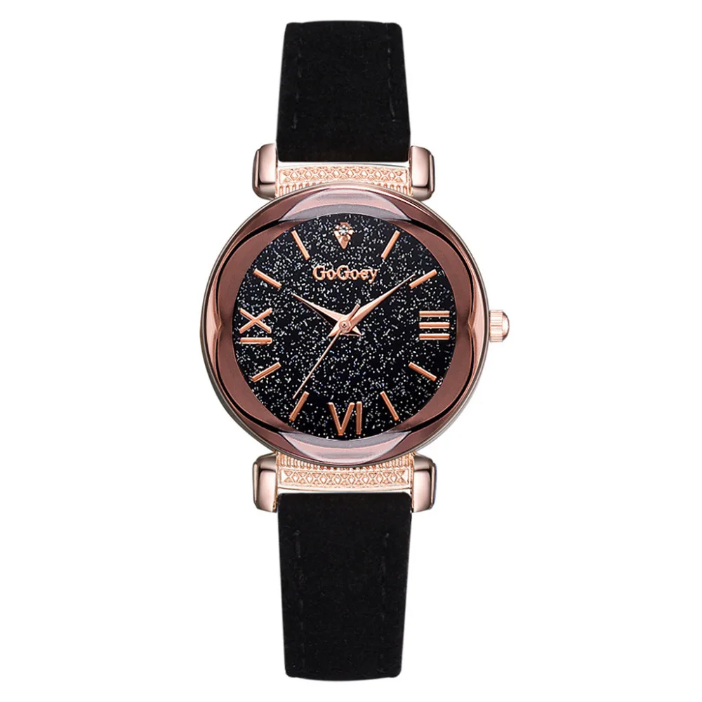 

New Arrival Fashion Simple Roman Numeral Scale Starry Sky Dial Watch Women Leather Rhinestone Quartz Female Watch Clock Reloj #W