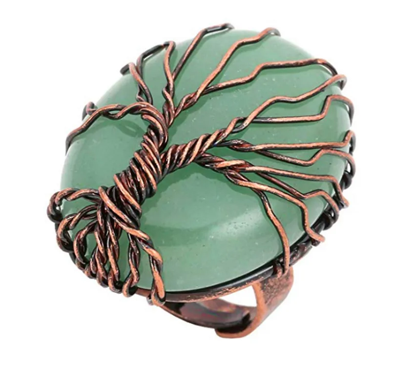 

FYJS Unique Copper Plated Wire Wrap Oval Shape Resizable Ring Original Green Aventurine Ethnic Jewelry