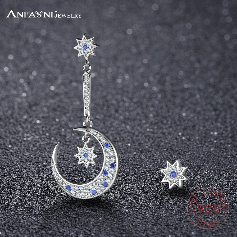 

ANFASNI NEW Star And Moon 925 Sterling Silver Luxury Earrings Silver Color Long Earing Christmas Gift For Women Boucle D'oreille