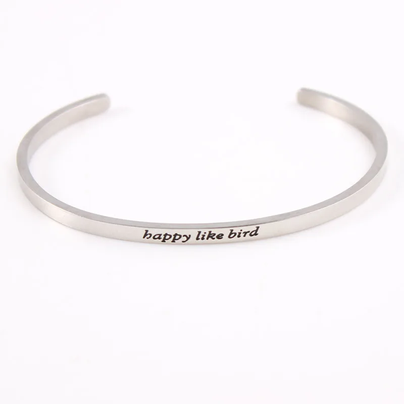 

Happy like bird silver plated Stainless Steel Engraved Positive Inspirational Quote Cuff Mantra Bracelet Bangle For lover Gift
