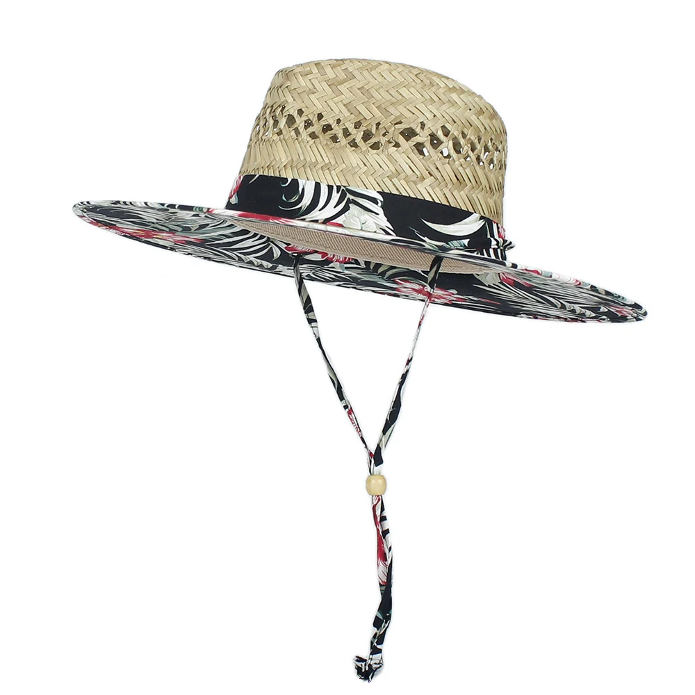 Летняя женская шляпа Lifeguard, натуральная солома, плетеная Женская пляжная Солнцезащитная шляпа, открытый богемный широкополый Панама Fedora, размер 58-59 см