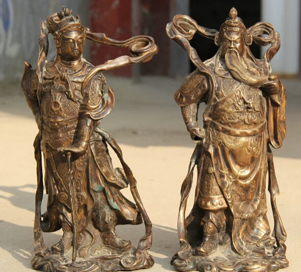 

JP S62 16" Chinese Bronze Stand Skanda Veda Guan Gong Yu Warrior God knight Statue Pair Discount 35%
