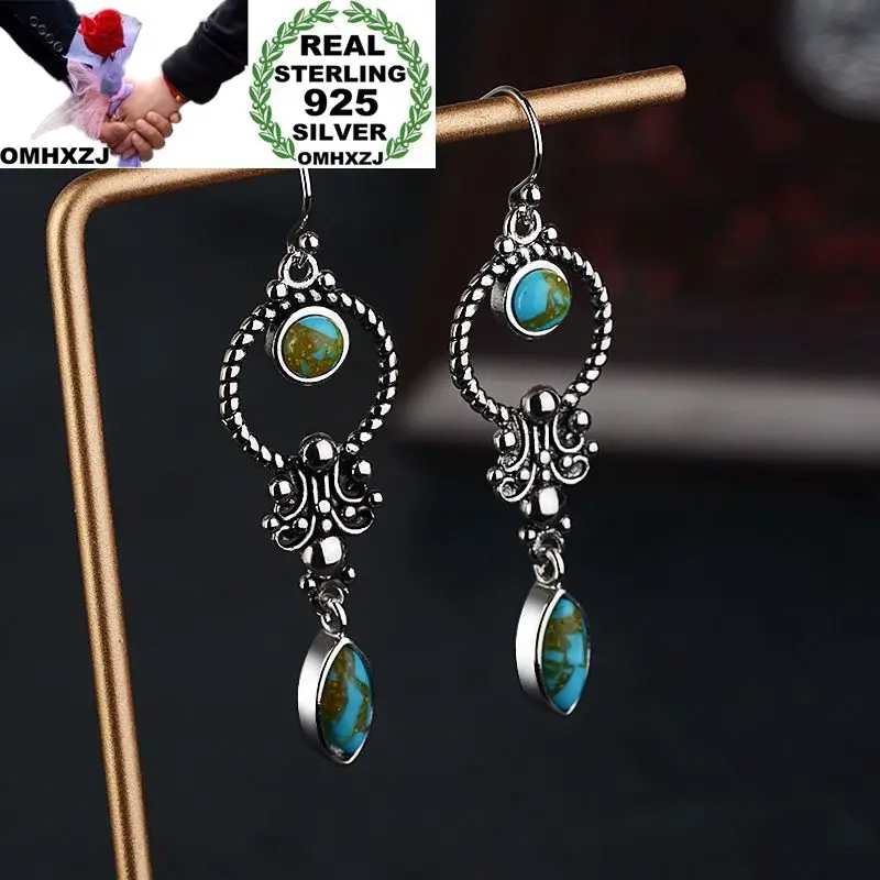 

OMHXZJ Wholesale European Fashion Woman Girl Party Wedding Gift Geometric Turquoise S925 Sterling Silver Drop Earrings EA421