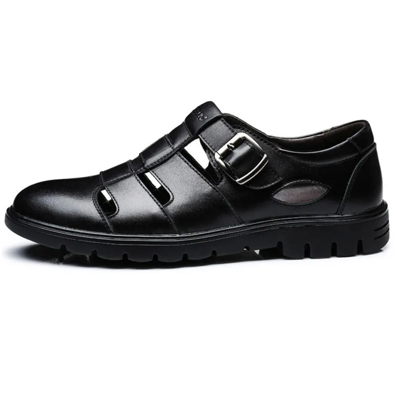 LIN KING/дышащие мужские сандалии с вырезами; большие размеры; летняя деловая повседневная обувь из натуральной кожи; Уличная обувь с пряжкой для отца