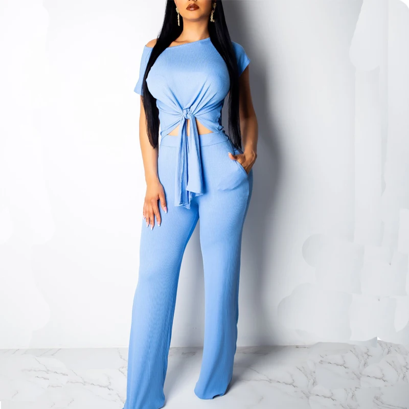 

Knitted Summer Bodycon Top And Wide leg Pants Women Sexy Bandage Two Piece Set 2019 Beach Party Outfits Vestidos