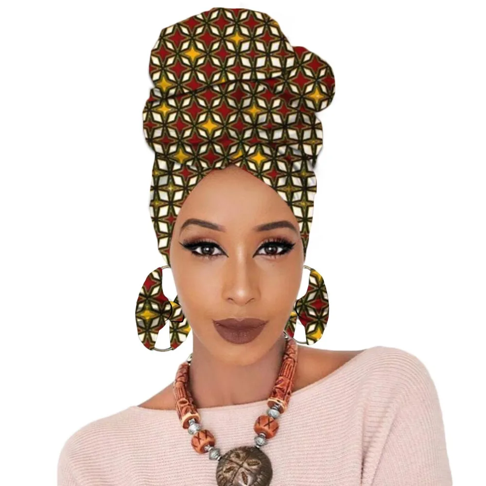 Print turban traditional African headscarf women headtie with earring (6)