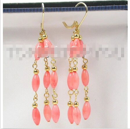 

Free shipping AAA Dangle Genuine natural pink coral earrings 14K gold E66
