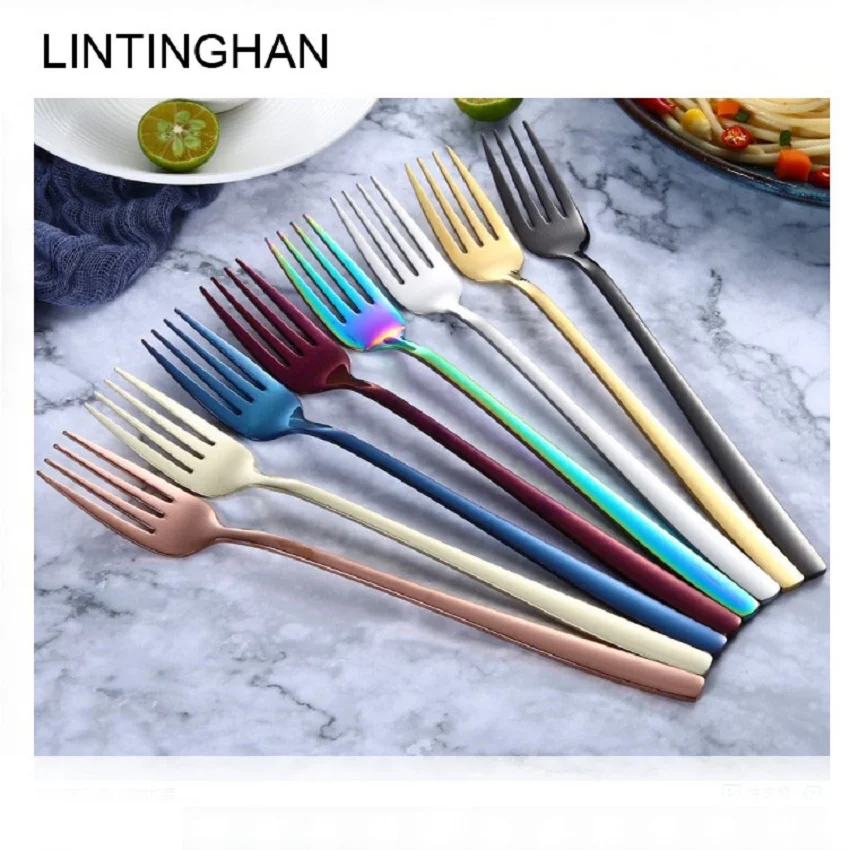 

4 packs Stainless steel Fork Spoon Long handle Ice Coffee Stirring Spoon Creative Titanium Fork Gift Spoon Cutlery lintingha