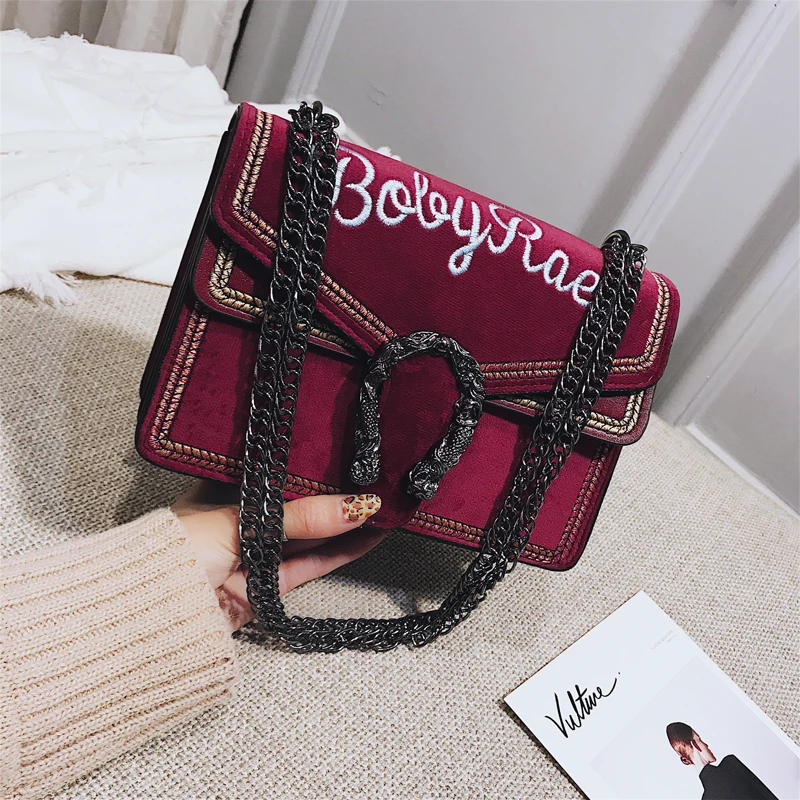 

High quality winter\spring new embroidered velvet handbag chain retro fashion slung shoulder bag women medium designer sac