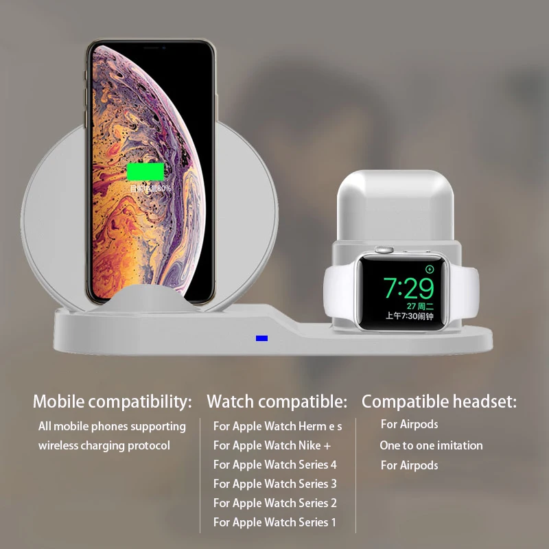Беспроводной Зарядное устройство подставка для iPhone airpods Apple Watch, док-станция для зарядки Зарядное устройство для Apple Watch Series 4/3/2/1 iPhone X 8 XS