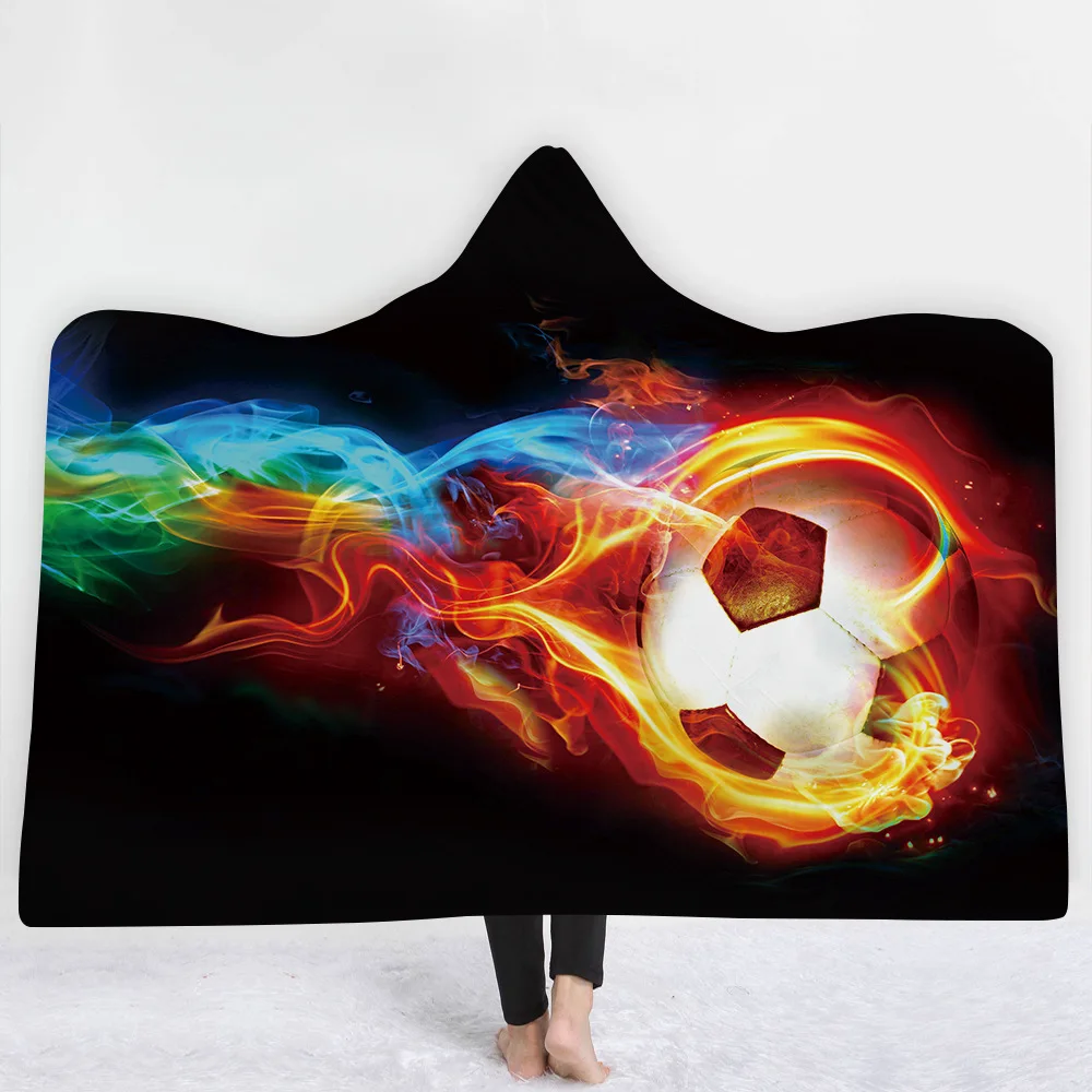 

Soccer Sport Ball Pattern Hooded Sherpa Blanket Soft Printed American Football Cloak Throw Blanket plaids Children's Adult