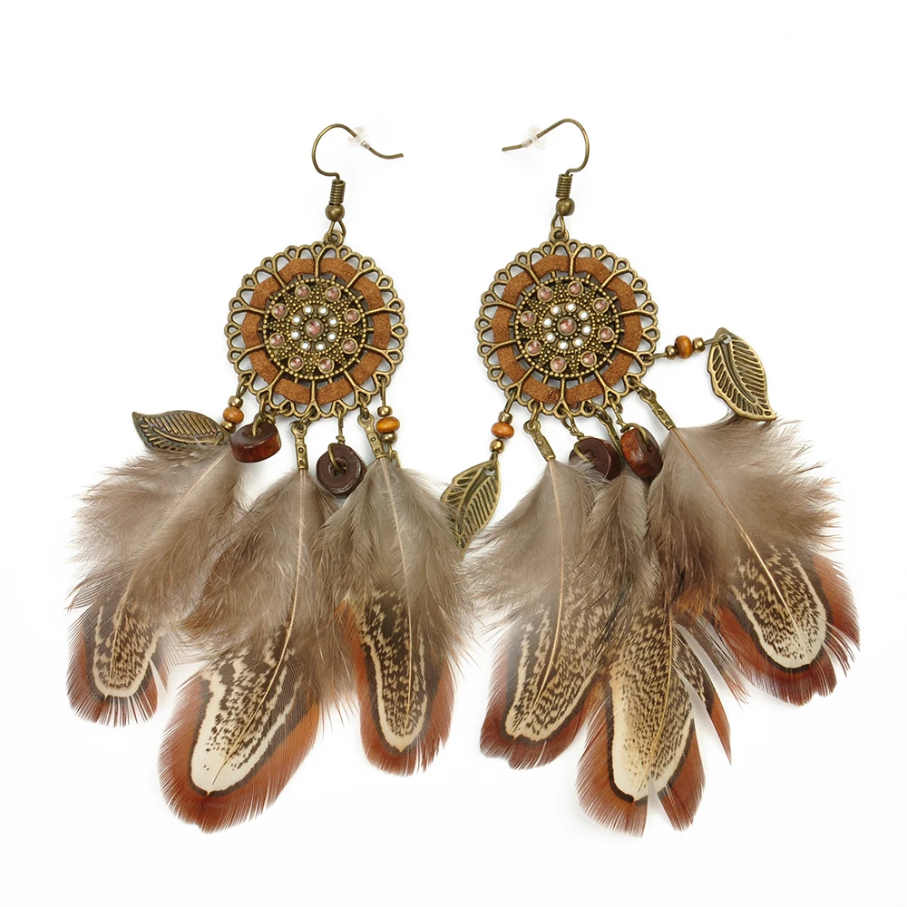 

Fashion beautiful Big Drop Earrings For Women Jewelry Circle feathers Vintage Ethnic Tibetan Silver Bohemian Long Earrings