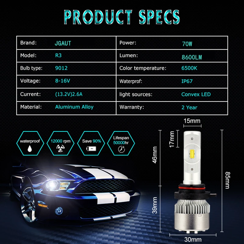 JGAUT Мини Размер H4 Светодиодные H7 фары H11 H1 H3 9005 9006 880 881 Автомобильные 72 Вт 6500 лм K