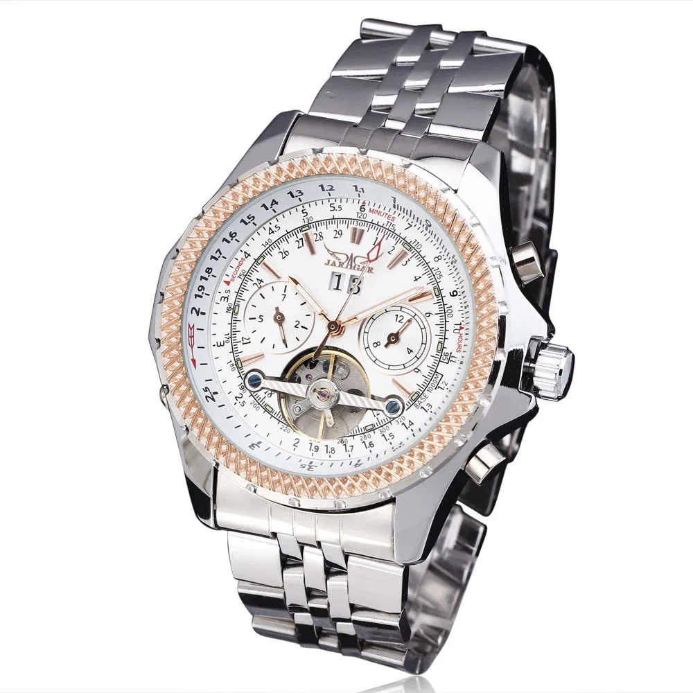 WINNER Men Mechanical Watch Date Tourbillon Stainless steel Strap Black Dial Silver Case11