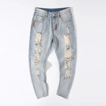 

Men's Jeans 2019 Summer New Men's Light Blue Jeans Men's Cropped Pants Korean Edition Loose Straight Jeans Size 28-35 36