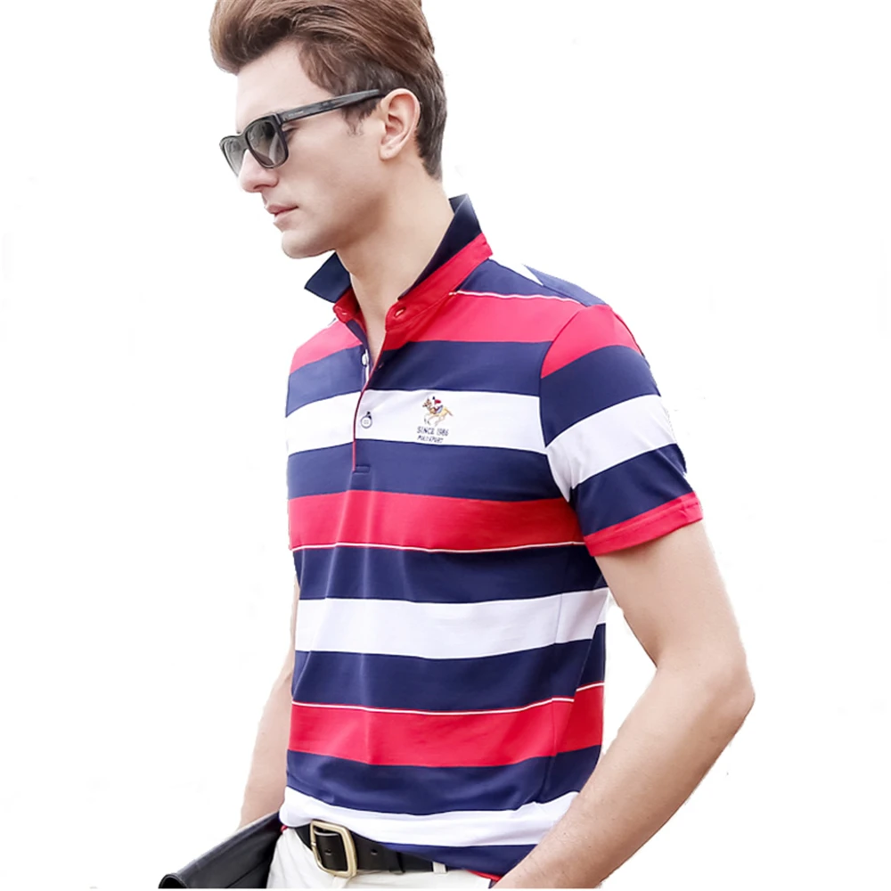 

Hollirtiger Striped Men's Polo 95% Cotton Collar Anti Wrinkle Tees Red Gray Contrast Polo Homme Embroidered Short-sleeve Shirts