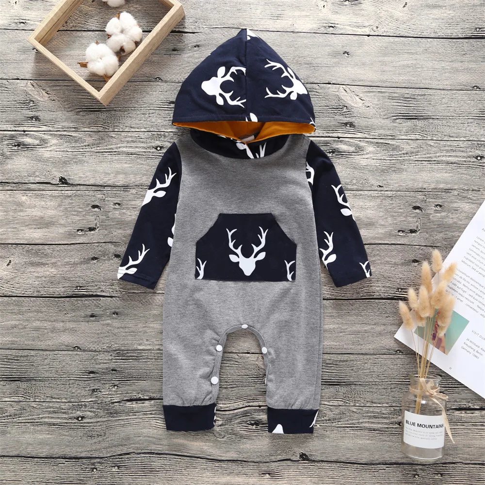 

0-18M Autumn Baby Romper Christmas Toddler Boys Playsuit Cotton Hooded Rompers Girls Clothing Winter Newborn Thicken Jumpsuit
