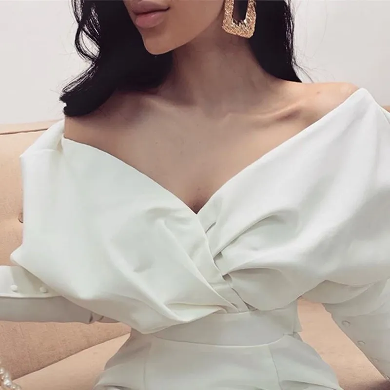 

Elegant White Party Dress Women Summer 2019 Fashion Off Shoulder Sexy Dress Ladies Empire Waist Dress