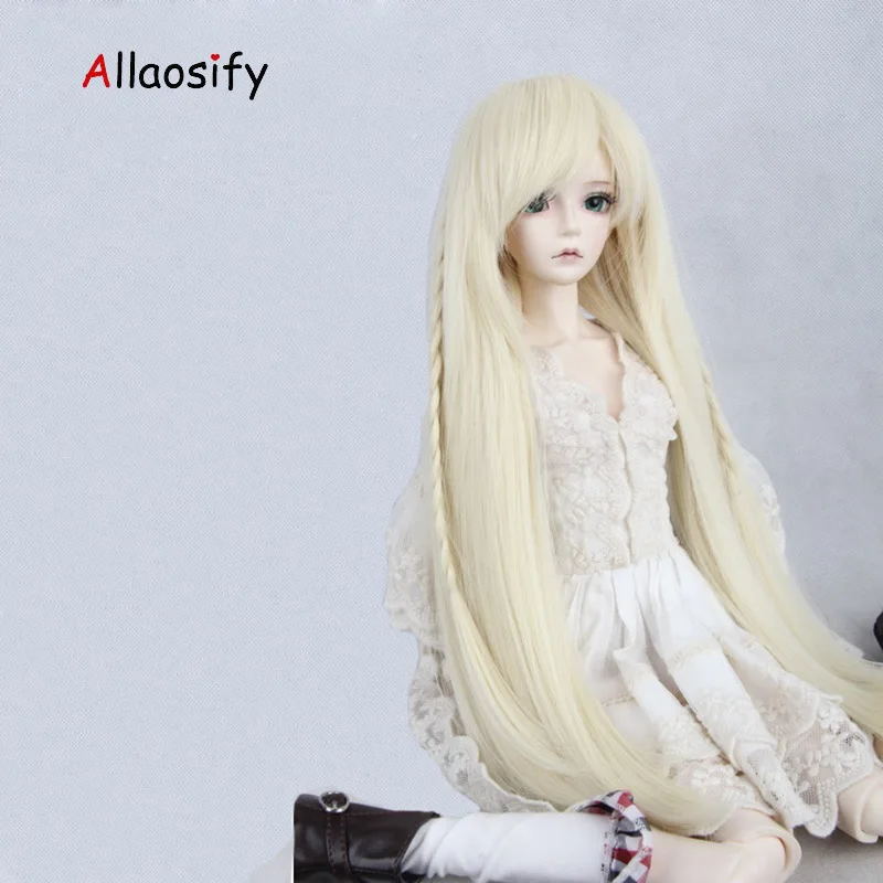 Allaosify BJD парик для 1/3, 1/4, 1/6, высокотемпературное волокно, для девочек, двойной закрученный косичка, прямые волосы для кукол, bjd волосы - Цвет: Белый