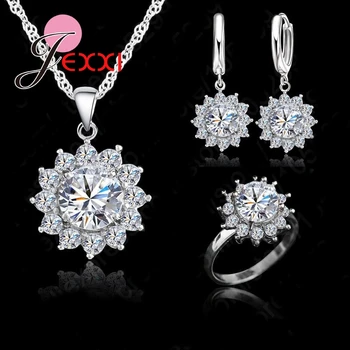 

New Fashion SunFlower Cubic Zirconia Real 925 Sterling Silver Jewelry Sets Earrings Pendant Necklace Rings Size 5-9