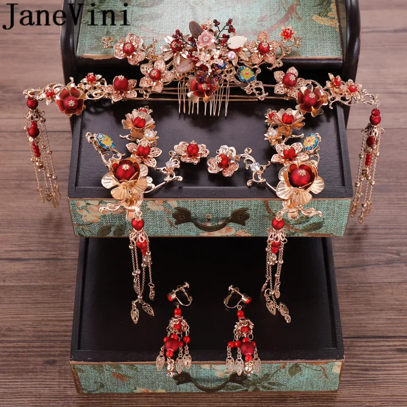 

JaneVini Vintage Flower Brides Hair Accessories Set Chinese Wedding Hair Pins Combs Bridal Headdress Costume Party Gold Hairwear