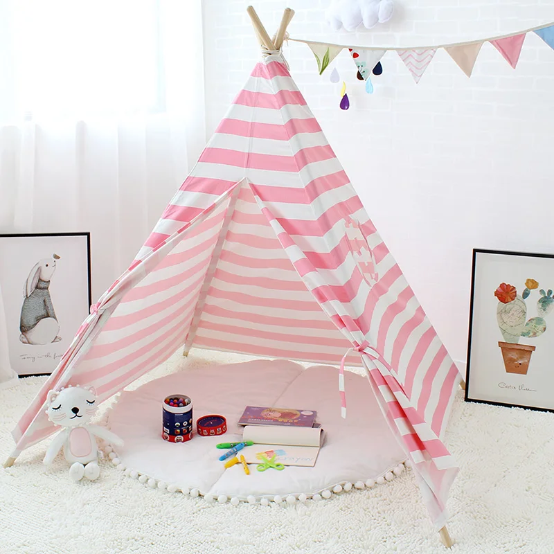 

Stripe Play Toy Tent for Children Tipi Kids Wigwam Baby Room Decor Canvas Cotton Game Teepee Indoor Child Playhouse 4 Poles