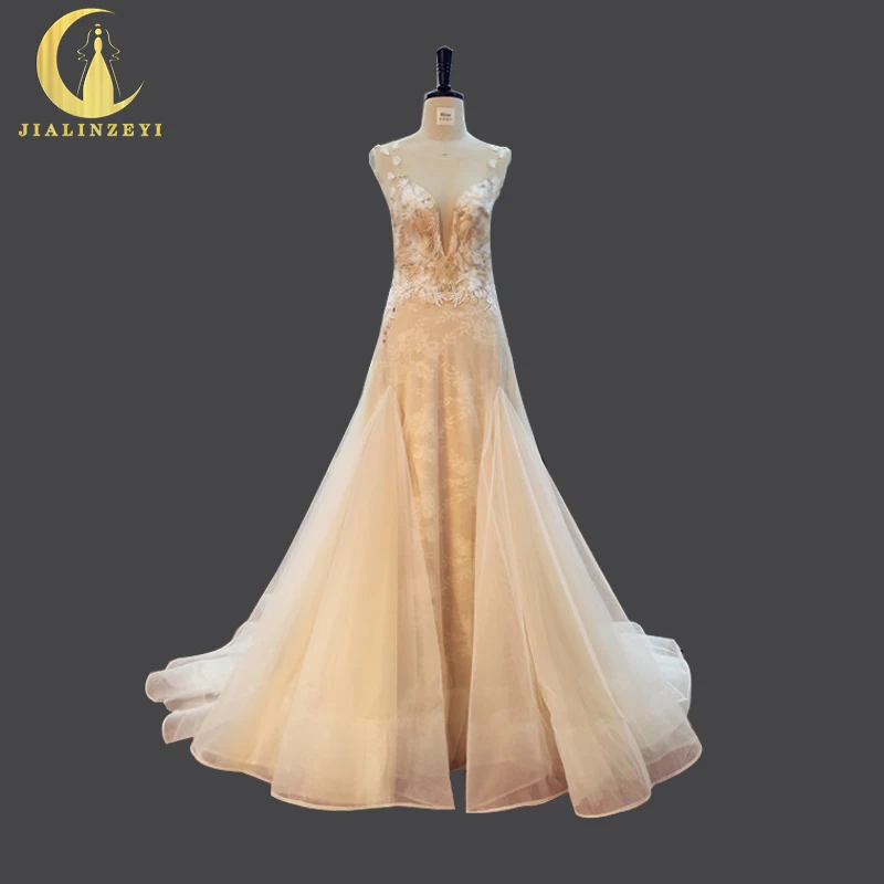

JIALINZEYI Real Picture Luxurious Sexy See Through Hand Flowers Beads Nude Mermaid Backless Wedding Dresses gown 2018
