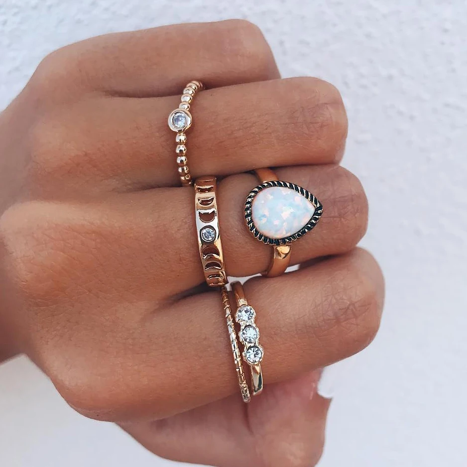 

Gold Crystal Opal Moon Star Jesus Religion Rings Set for Women Handmade Geometry Finger Ring Female Jewelry Gifts Drop Shipping