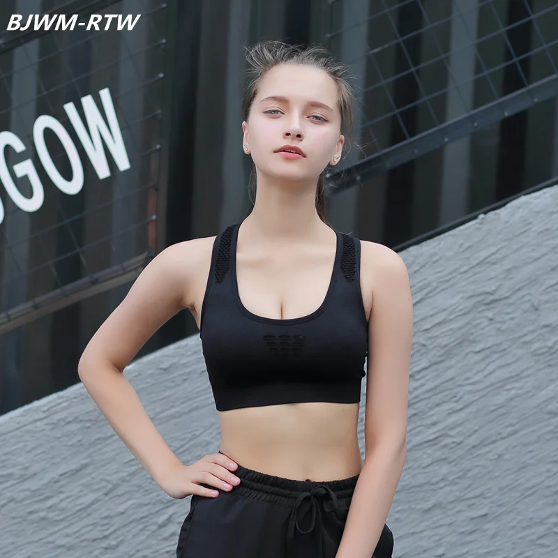 

Punch Mesh Hollow Breathable Knitting Elastic Sports Bra Top Fitness Women Yoga Bra No Rims Running Vest Gym Bra Black Pink Blue