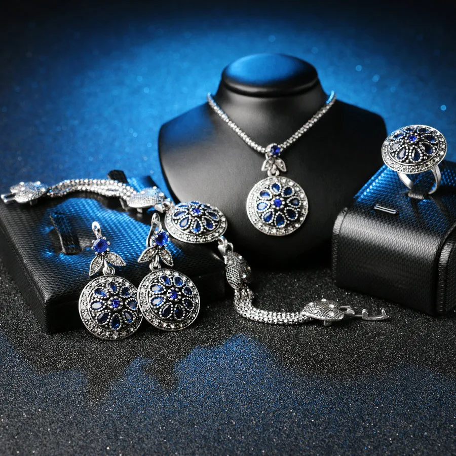 Очаровательный винтажный ювелирный набор, круглые хрустальные цветочные серьги/браслеты/ожерелье с кулоном/кольцо для женщин, турецкие ювелирные изделия