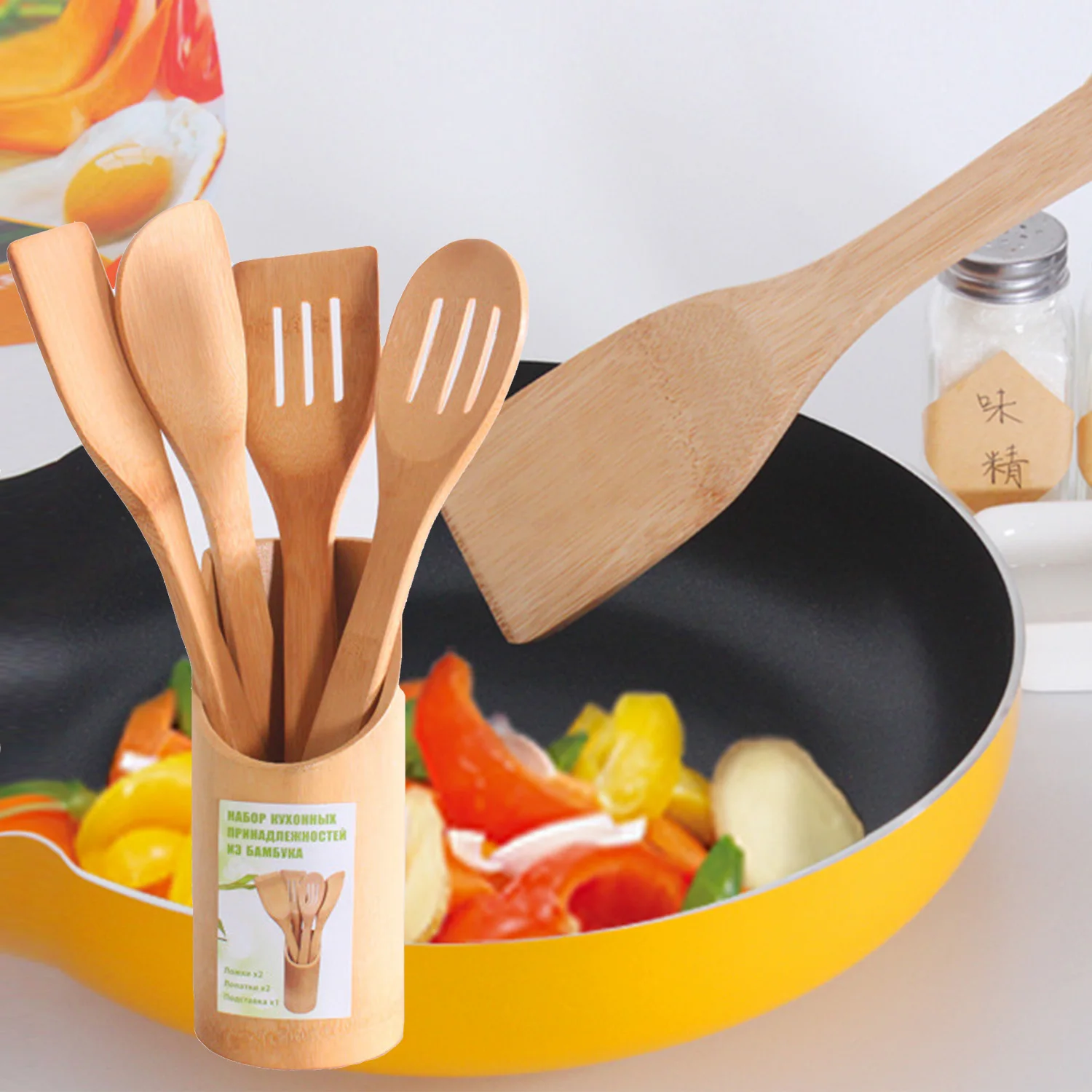 

Behokic 5PCS Bamboo Kitchenware Cooking Utensil Set 4 Spoons And Spatulas 1 Storage Box Holder Eco-friendly Kitchen Tools