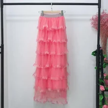 Ретро вечерние длинная юбка розового цвета с оборками и Слои Высокая талия юбка офисная элегантный Для женщин Тюль мусульманское макси юбки Faldas Mujer
