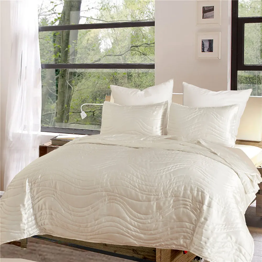 Luxury Faux Silky Satin Coverlet Bed Cover Set Wave Pattern Quilt US Queen Bed Spread 3 pcs/set Adu