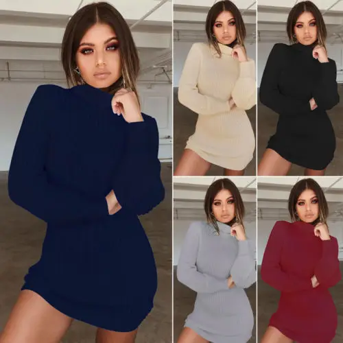 

Women Tops Pullover Knitwear Long Tops Dress Bodycon Knit Turtleneck Dress Winter Women Knitted Gray Sweater