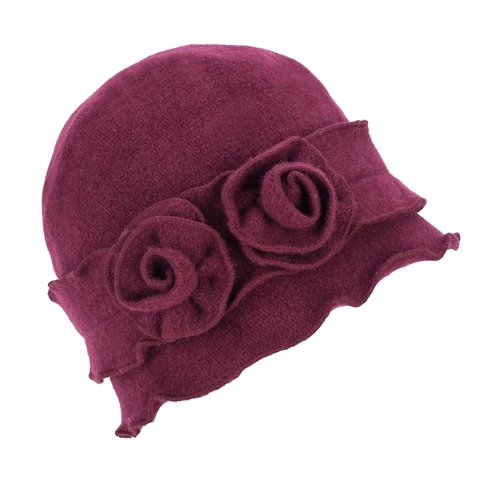 Lawliet, зимняя шапка, женский берет, 1920 s, стиль Гэтсби, одноцветная, два цветка, шапочка, шерстяные шапки для женщин, женская шапка вязанная крючком, A285 - Цвет: Wine