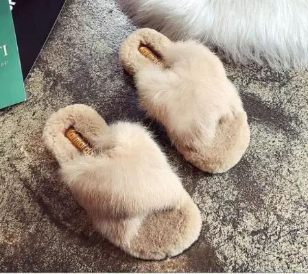 COOLSA Women's Fluffy Rabbit Fur Slippers Fashion Indoor Cross Fur Slides Casual Push Cotton Flip Flops Large Size Shoes - Цвет: as picture shows