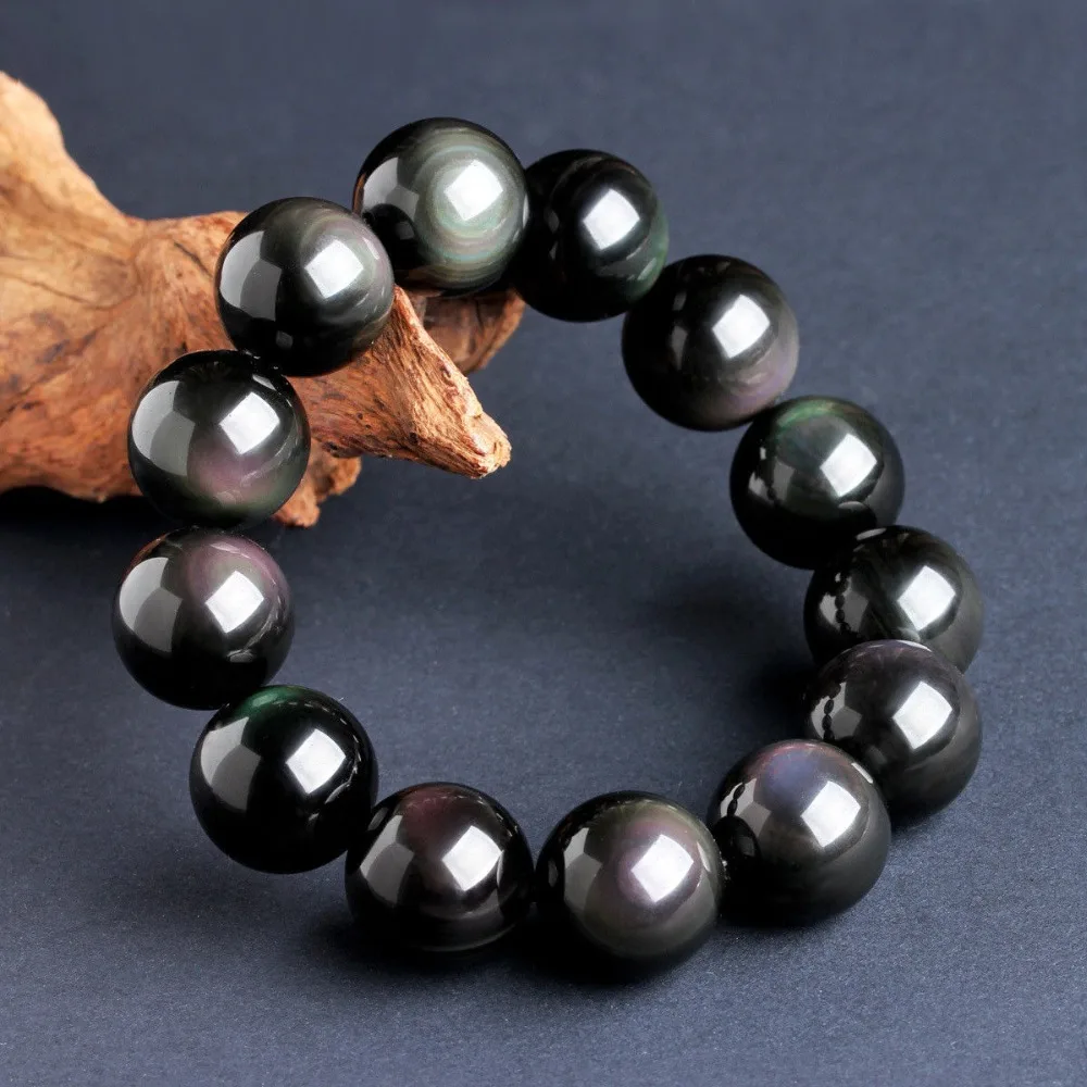 Rainbow Black Obsidian Woman Man Healing Round Beads Bracelets  (3)
