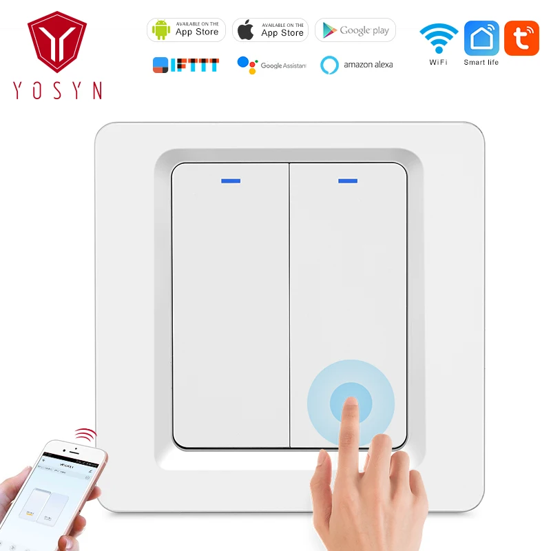 

YOSYN 240V Wireless Switch Smart Wifi Wall Switch Wireless Remote Control Light Switch Wall Panel Touch Push Button Switch 2Gang