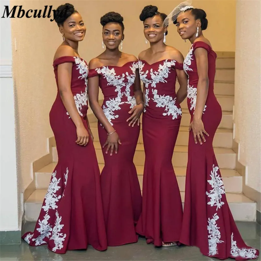 

Mbcullyd Burgundy Long Bridesmaid Dress With White Lace Elegant Off The Shoulder Floor Length African Wedding Party Gowns