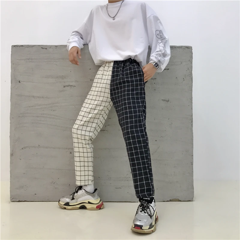 Korea ulzzang Harajuku pants summer lattice personality stitching Vintage plaid casual nine pants couple hip hop fun new pants