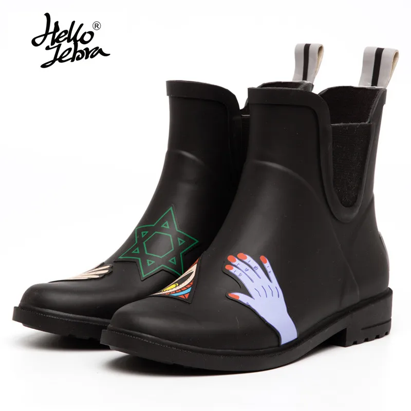 

Hellozebra Summer Women Fashion Printing Animals Rain Boots Ladies Solid Rubber Low Heel Slip Waterproof Buckle Rainboots Black