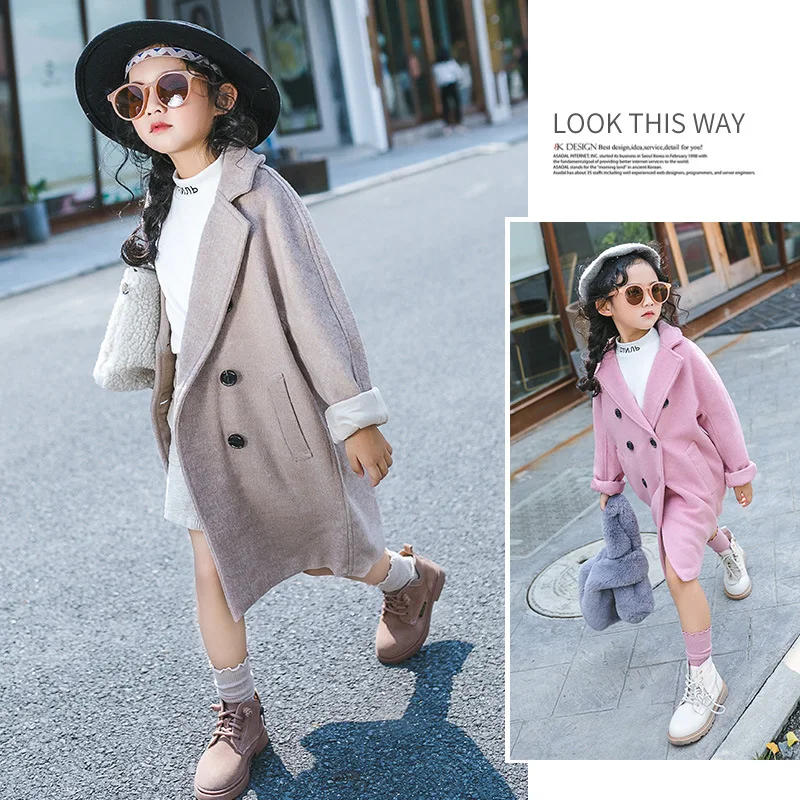 

Girls woolen coat 2018 new long section autumn and winter double-breasted long section lapels woolen coat thick