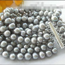 Z3526 6row 9 мм Серый Монета культивированный жемчуг браслет благородный стиль Природный тонкой jewe Быстрая