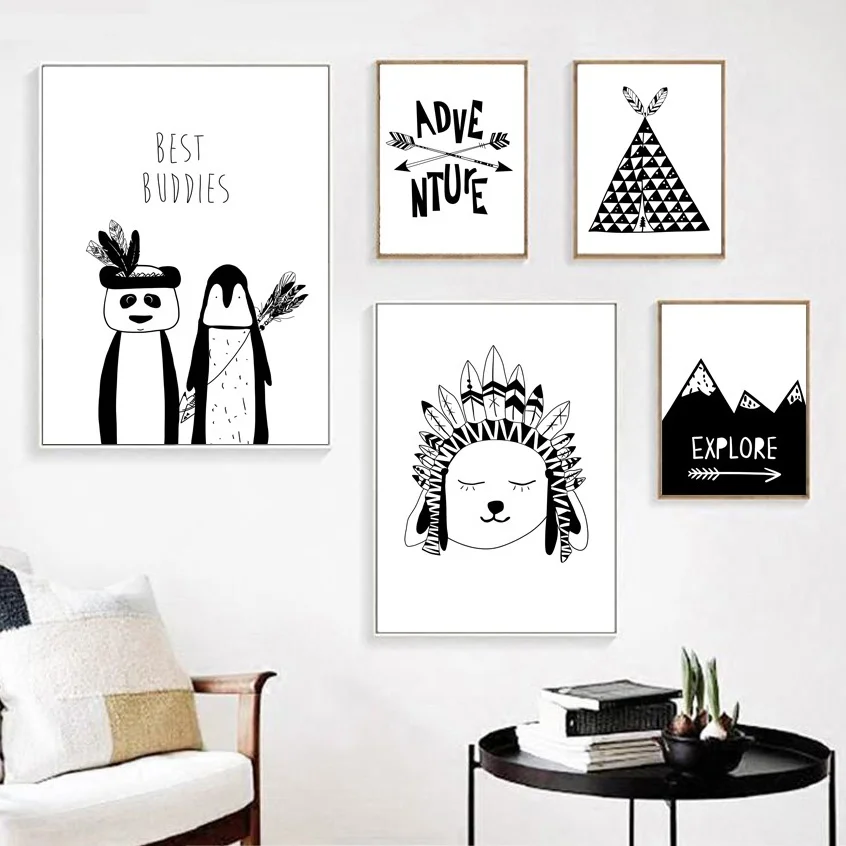 Us 2 95 48 Off Cartoon Indian Panda Tent Peak Wall Art Canvas Painting Nordic Posters And Prints Black White Wall Pictures Kids Room Wall Decor In