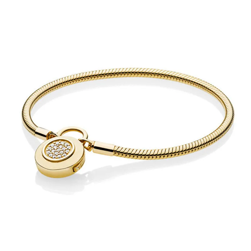 

925 Sterling Silver Snake Chain Fit Shine Moments Smooth Bracelet with Pandora Signature Padlock Clasp Women DIY Jewelry Gift
