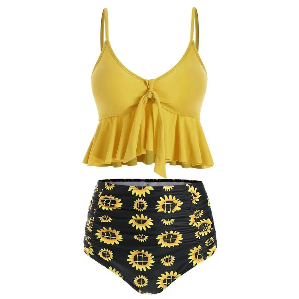 

Women Fashion Floral Print Ruffle High Sleeveless Waisted Black, Yellow Casual Tankini Set V Neck Swimwear