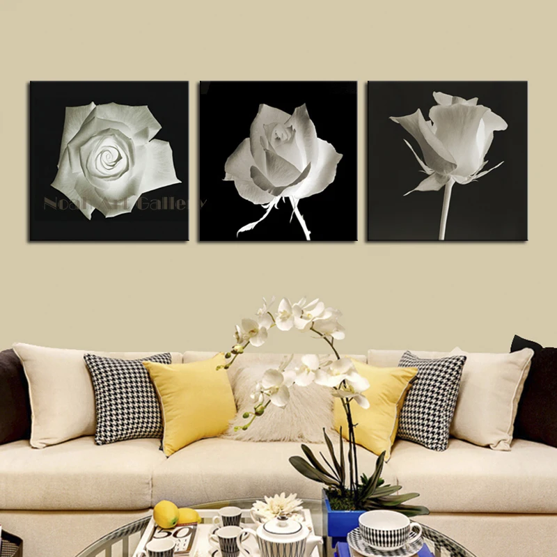 

3Pcs Black Background for White Rose Modern Canvas Art Flower Painting High Definition Print for Home Wall Decoration Frameless