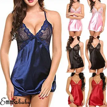 

Fashion Sexy Women Lady Lace Sleepwear Dress Sleeveless Solid V-neck Top Satin Nightwear Lingerie Suit Size S-XXL