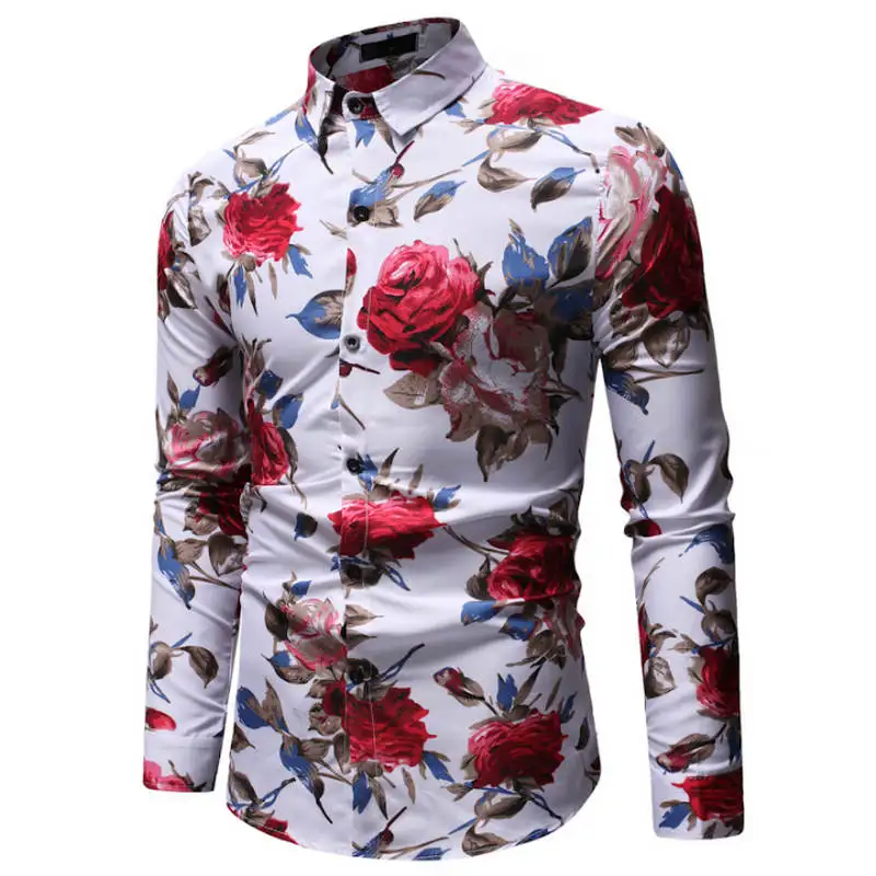 Новинка осени, модная мужская Повседневная рубашка с длинным рукавом и пуговицами, мужские рубашки с цветочным принтом розового цвета размера плюс 3XL, 23 Цвета - Цвет: ML09 white