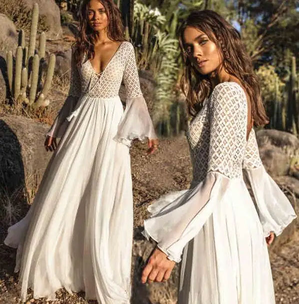 

Women's summer white lace patchwork chiffon dress lady's long sleeve sunscreen beach vacation Floor-Length Bohemia dress TB384